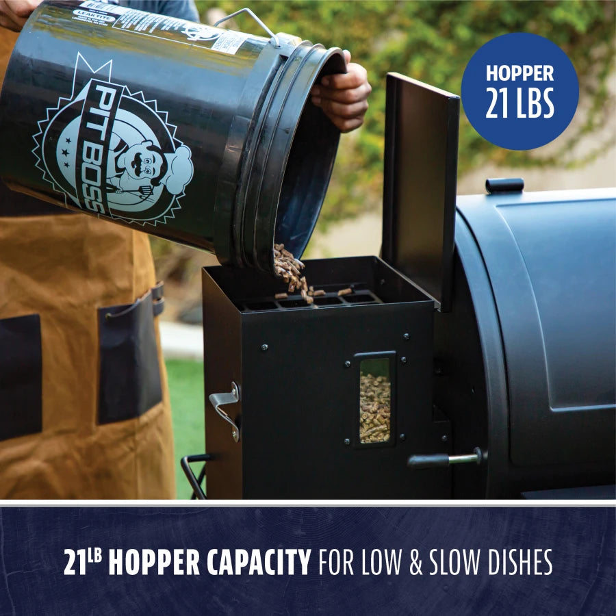 Black Pit Boss smoker with 21 lb hopper capacity for low & slow cooking.