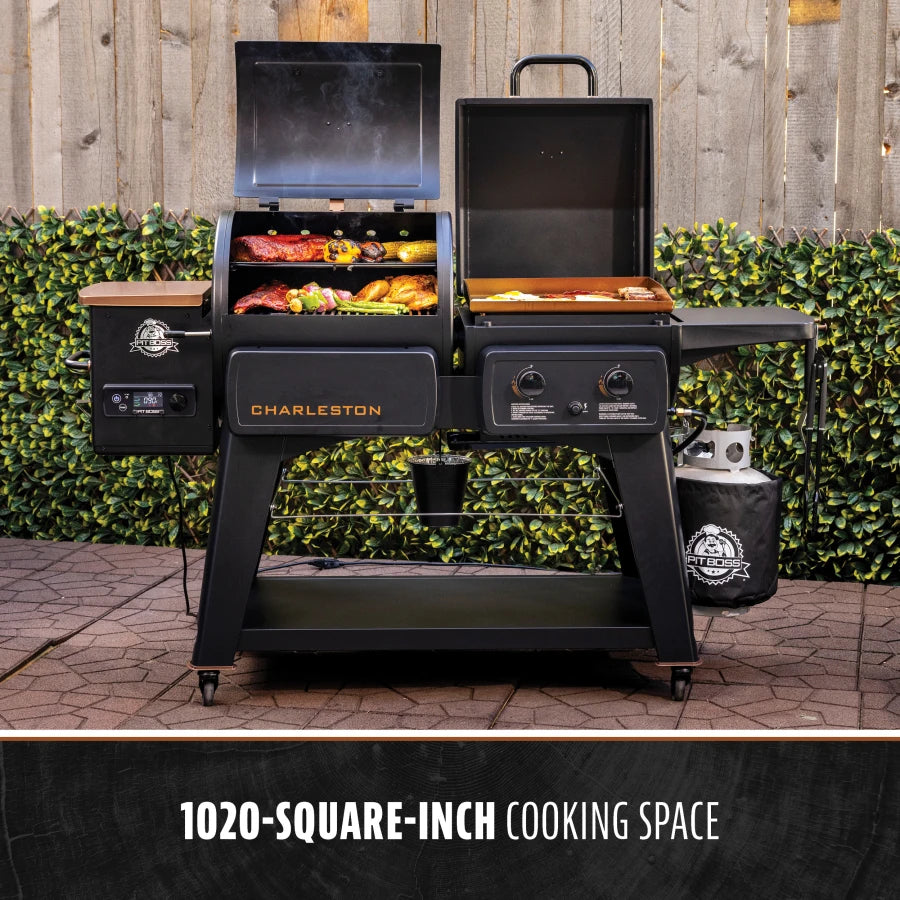 Black Pit Boss Charleston pellet grill with 1020-square-inch cooking space.