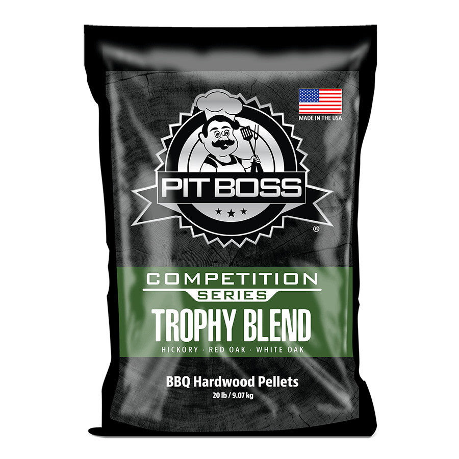 Pit Boss Trophy Blend BBQ Hardwood Pellets, 20 lb bag. Competition Series, hickory, red oak, white oak. Made in the USA.
