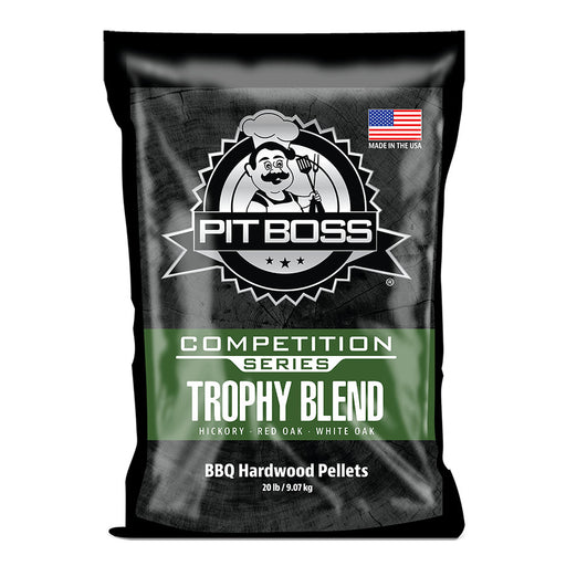 Pit Boss Trophy Blend BBQ Hardwood Pellets, 20 lb bag. Competition Series, hickory, red oak, white oak. Made in the USA.
