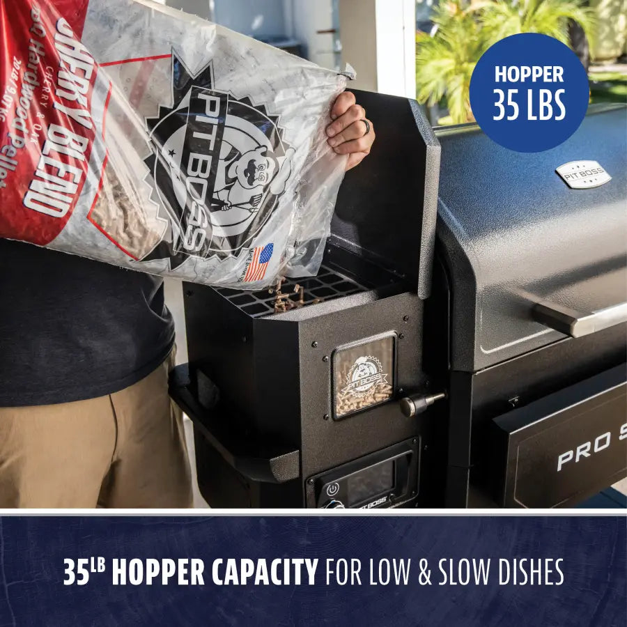 Pit Boss Pro Series smoker with 35LB hopper capacity for low & slow cooking.