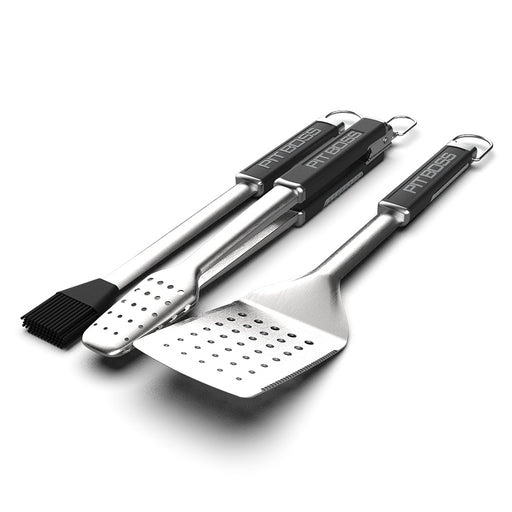 Silver Pit Boss BBQ tools set with black handles and brush.