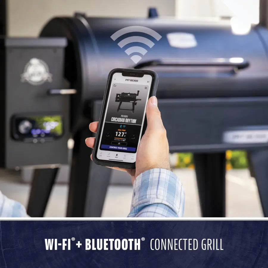 Wi-Fi + Bluetooth connected grill with smartphone app control.