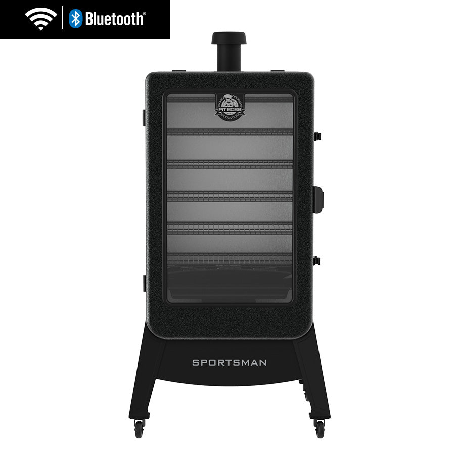 Black vertical electric smoker with glass door, four racks, WiFi and Bluetooth control, labeled "Sportsman."