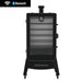 Black vertical electric smoker with glass door, four racks, WiFi and Bluetooth control, labeled "Sportsman."