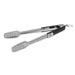Black-handled stainless steel tongs with dotted grip.