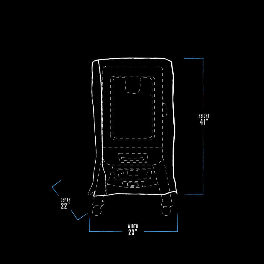 White outline of a tall, rectangular appliance with dimensions: 41" height, 23" width, 22" depth.