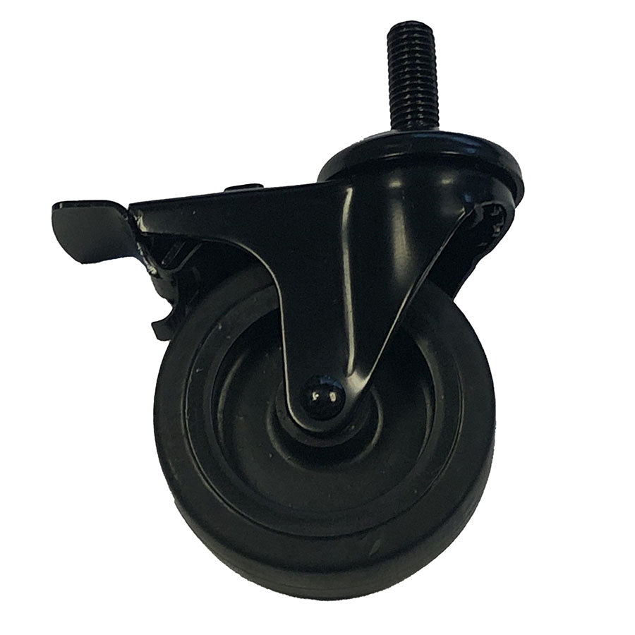 Black caster wheel with swivel bracket and threaded stem.