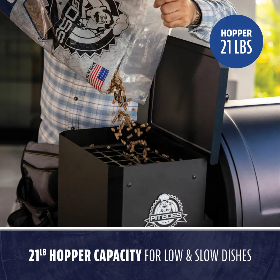 Pit Boss smoker with 21 lb hopper capacity for low & slow cooking.