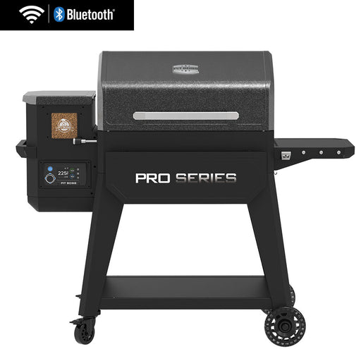 Black Pro Series pellet grill with Bluetooth connectivity and wheels.