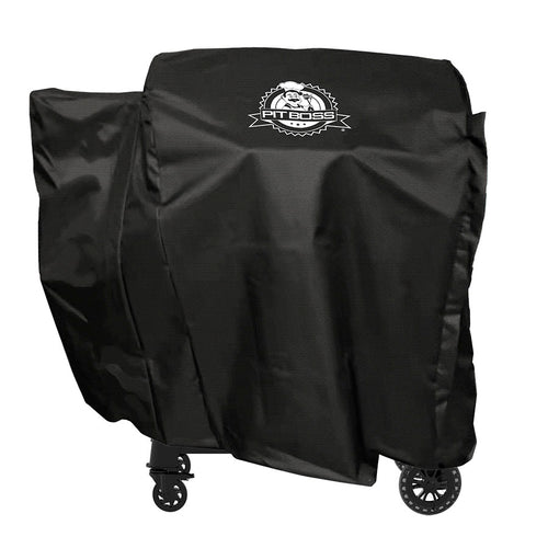 Black Pit Boss grill cover with wheels and brand logo.
