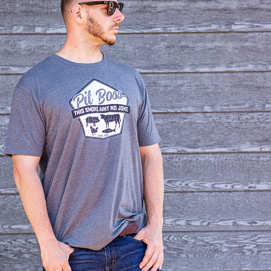 Gray Pit Boss t-shirt with "This Smoke Ain't No Joke" graphic.