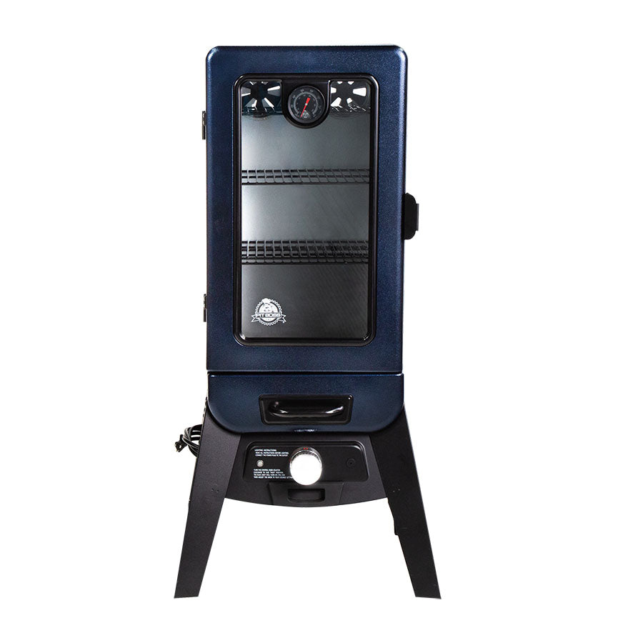 Blue electric smoker with temperature gauge and control panel.