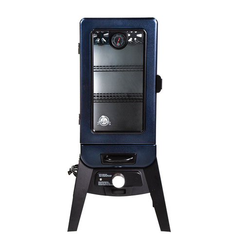 Blue electric smoker with temperature gauge and control panel.