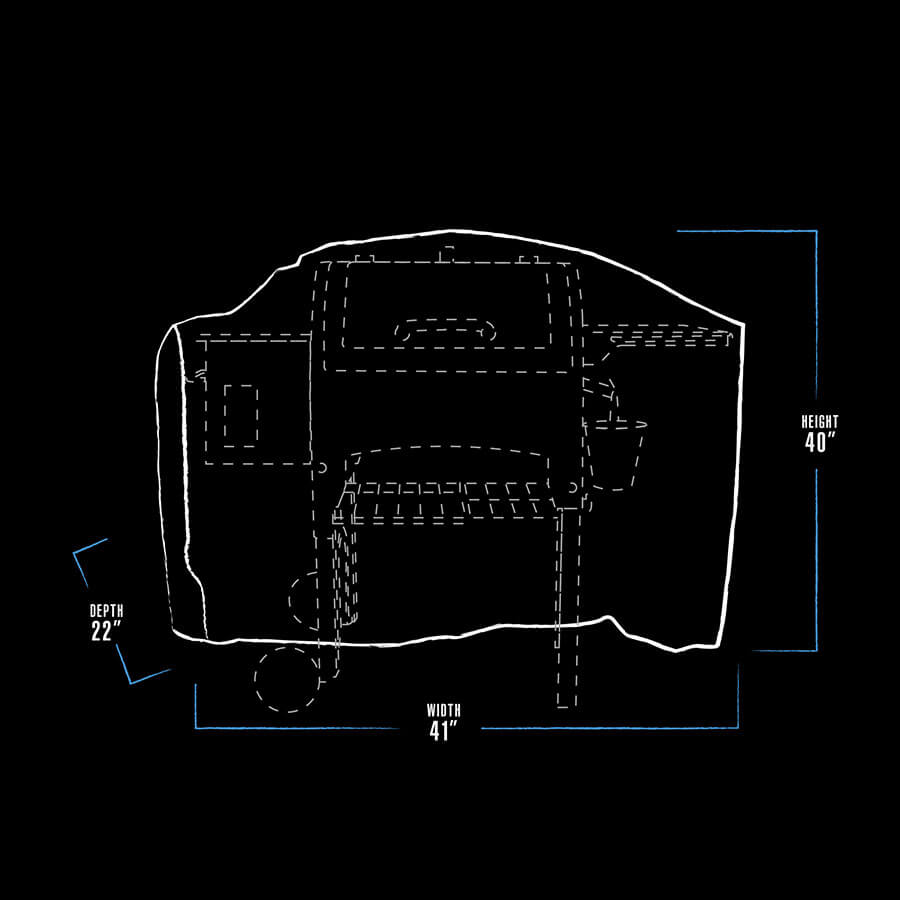 "White outline of a tent-like structure with dimensions: 41" width, 22" depth, 40" height."