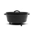 Black cast iron Dutch oven with lid and handles.