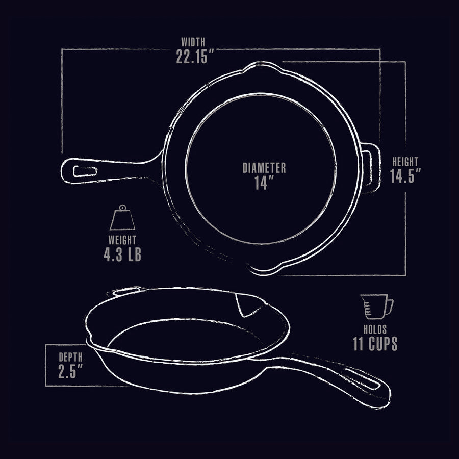 Black cast iron skillet, 14" diameter, 4.3 lb, holds 11 cups, 2.5" depth.