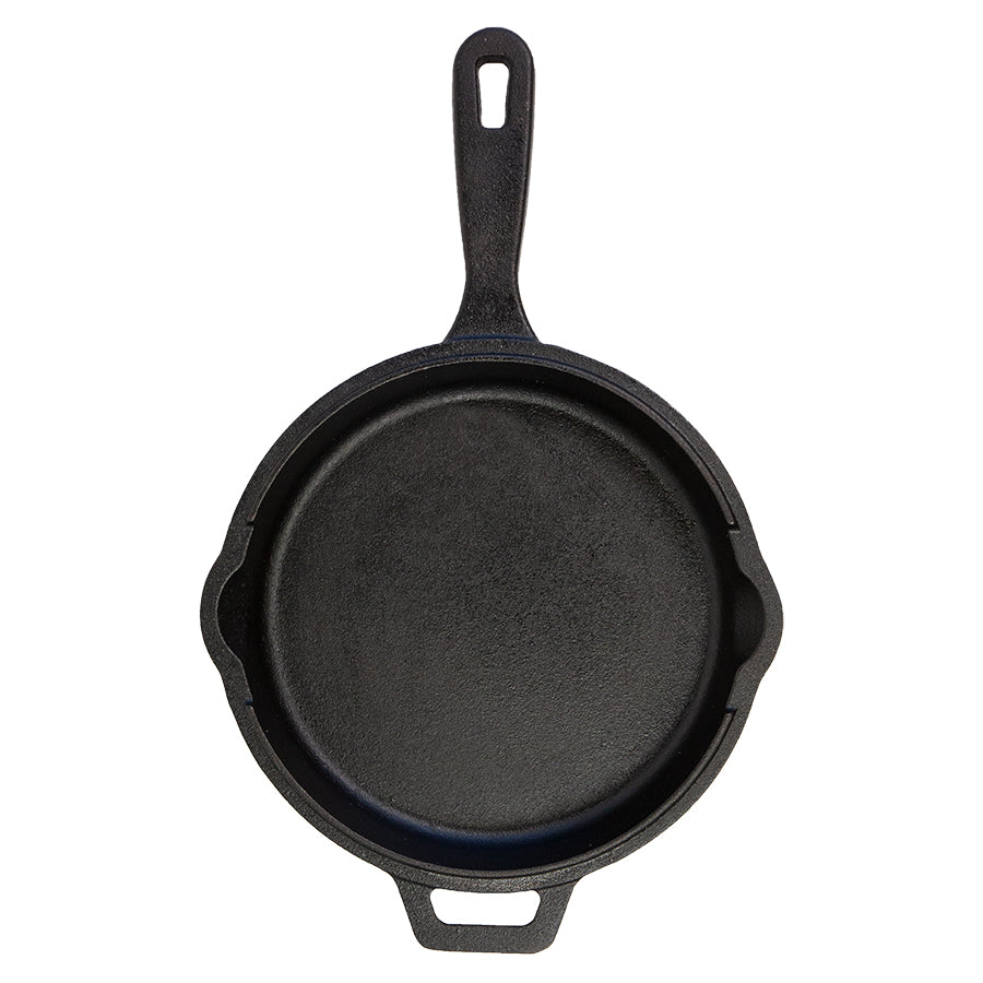 Black cast iron skillet with two side handles and a long handle.
