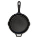 Black cast iron skillet with two side handles and a long handle.