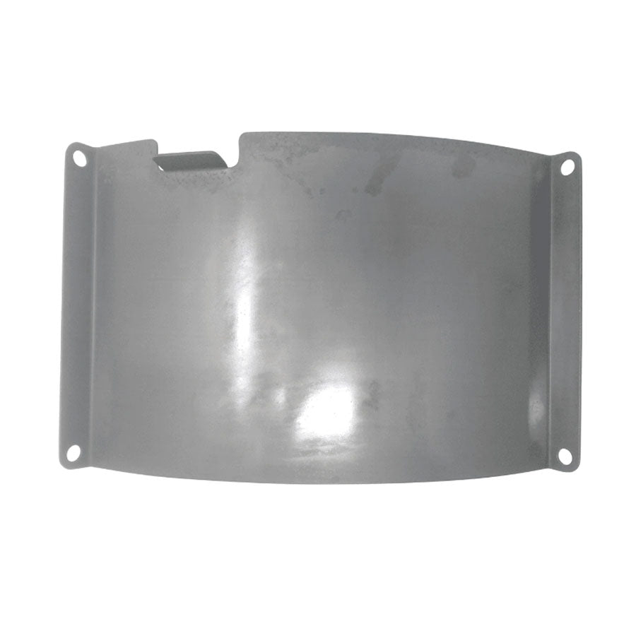 Silver metal protective cover with mounting holes.
