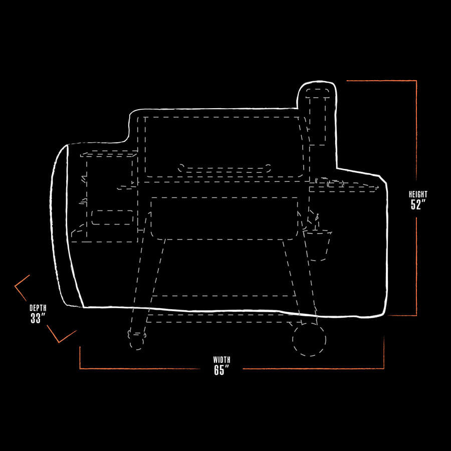 White outline of a grill with dimensions: 65" width, 52" height, 33" depth.