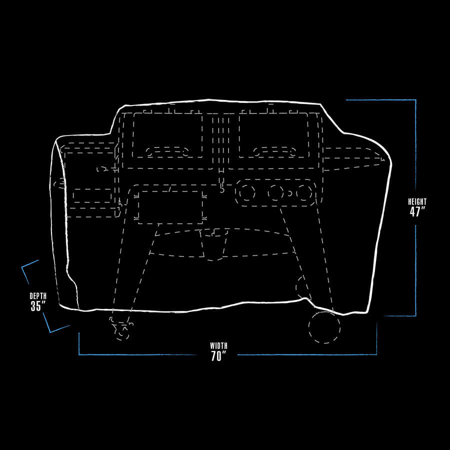 White outline of a grill with dimensions: 70" wide, 35" deep, 47" high.