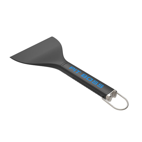 Black Griddle Scraper with blue Pit Boss name and silver hook.