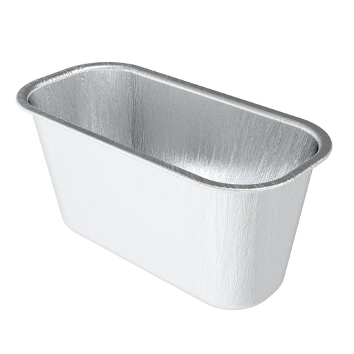 Rectangular disposable aluminum loaf pan with rounded corners and smooth, shiny silver finish.