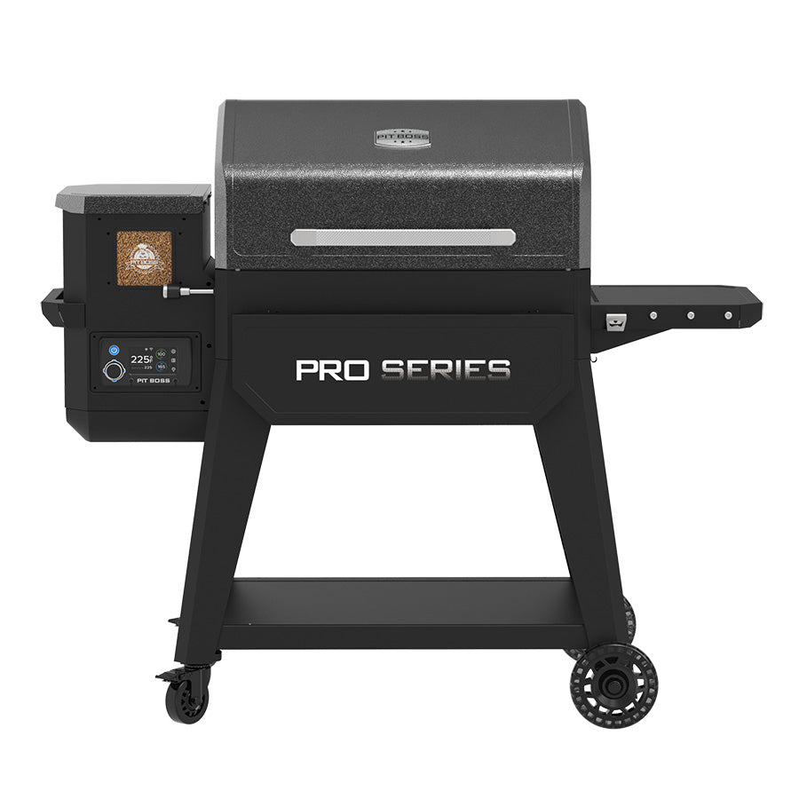 Black Pit Boss Pro Series pellet grill with digital control panel and wheels.