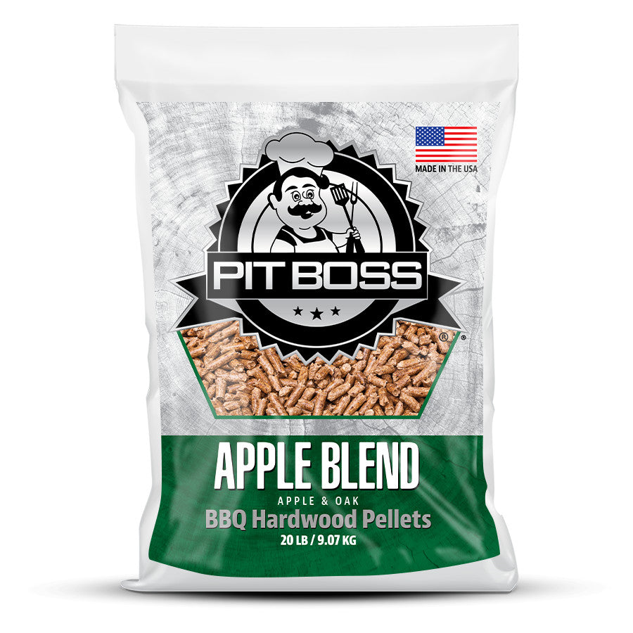 White bag of Pit Boss Apple Blend BBQ Hardwood Pellets, 20 lb / 9.07 kg.
