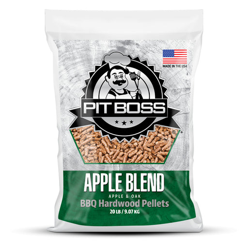White bag of Pit Boss Apple Blend BBQ Hardwood Pellets, 20 lb / 9.07 kg.