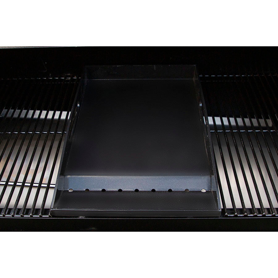 Black griddle accessory for barbecue grill.