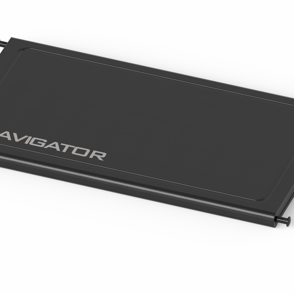 Black Navigator portable hard drive with mounting brackets.