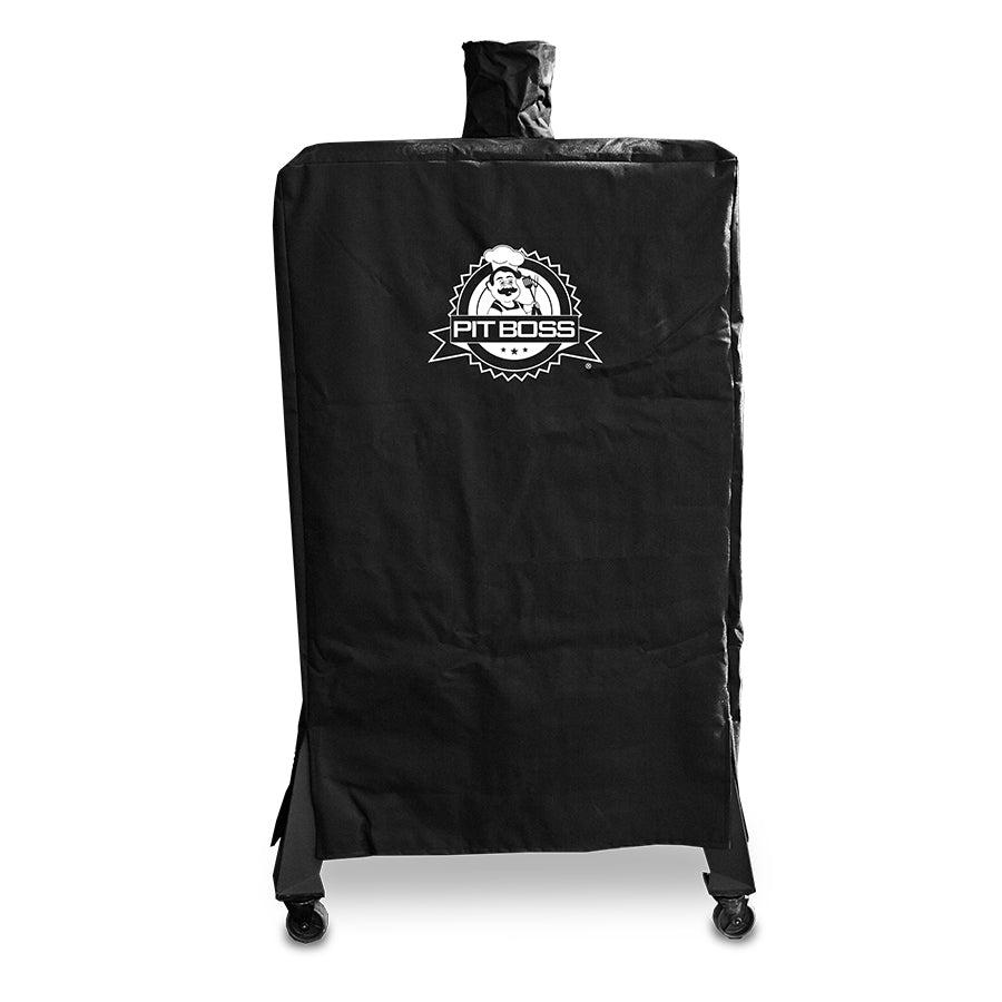 Black Pit Boss grill cover with logo and wheels.