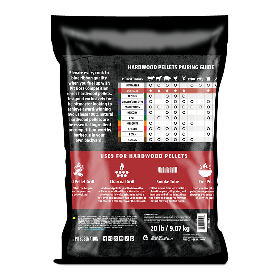 20 lb bag of Pit Boss Competition Series hardwood pellets; black bag with pairing guide and grilling instructions on back.