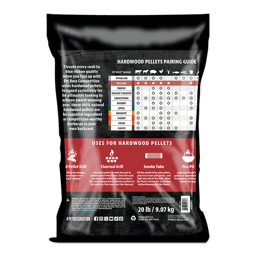 20 lb bag of Pit Boss Competition Series hardwood pellets; black bag with pairing guide and grilling instructions on back.