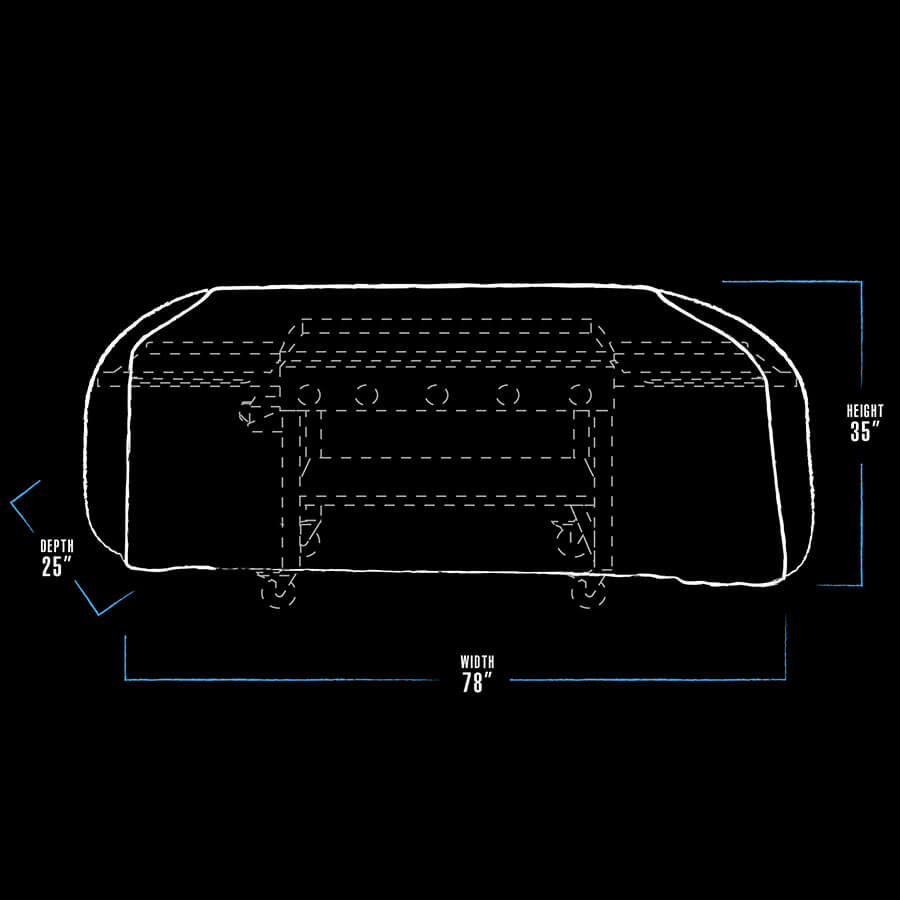 "White outline of a grill with dimensions: width 78", depth 25", height 35"."