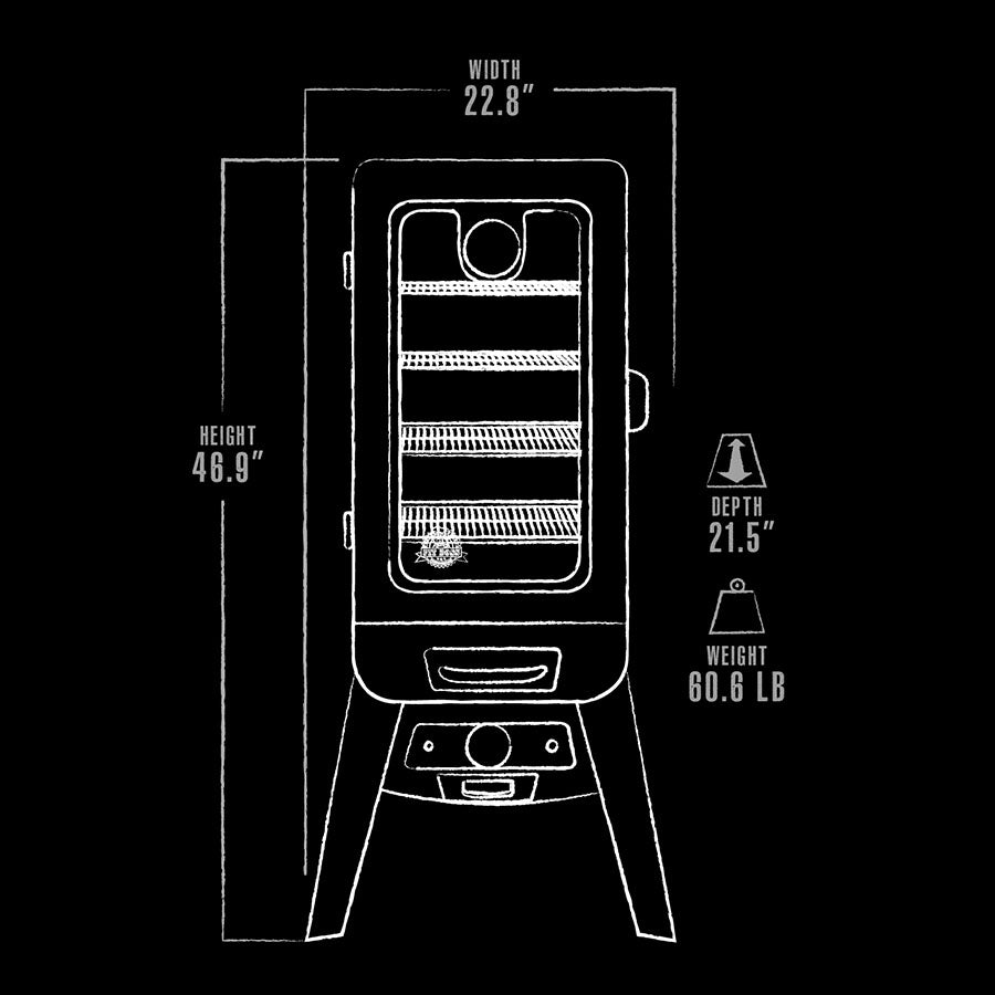 Portable grill with dimensions: 22.8" wide, 46.9" high, 21.5" deep, 60.6 lb weight.