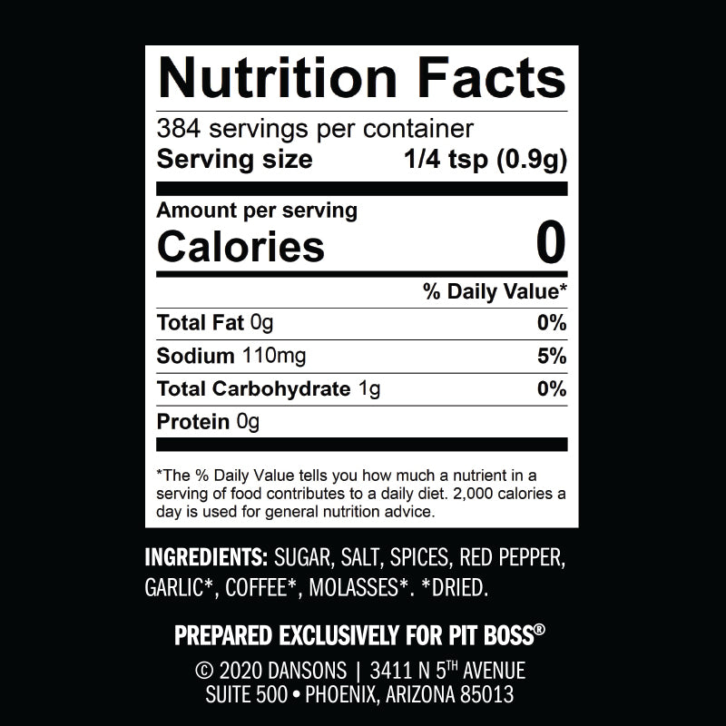 Nutrition facts label for seasoning blend with 0 calories, 110mg sodium, and ingredients including sugar, salt, spices.