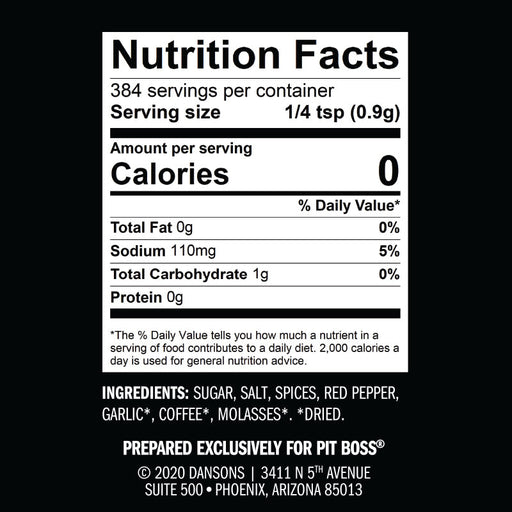 Nutrition facts label for seasoning blend with 0 calories, 110mg sodium, and ingredients including sugar, salt, spices.