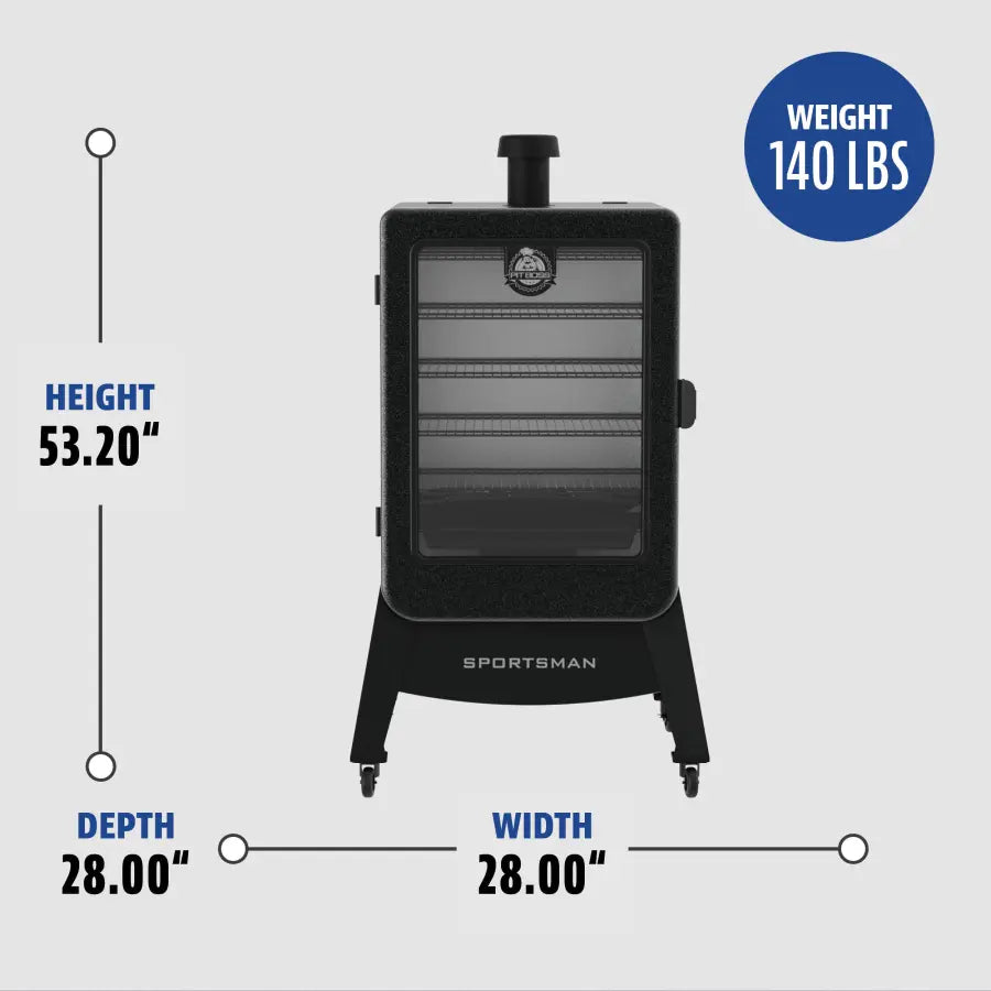 Black vertical smoker with glass door, 53.2" H x 28" W x 28" D, weighs 140 lbs, labeled "Sportsman."