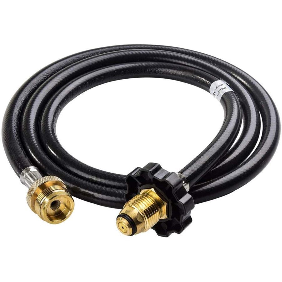 Black hose with brass connectors and black fittings.