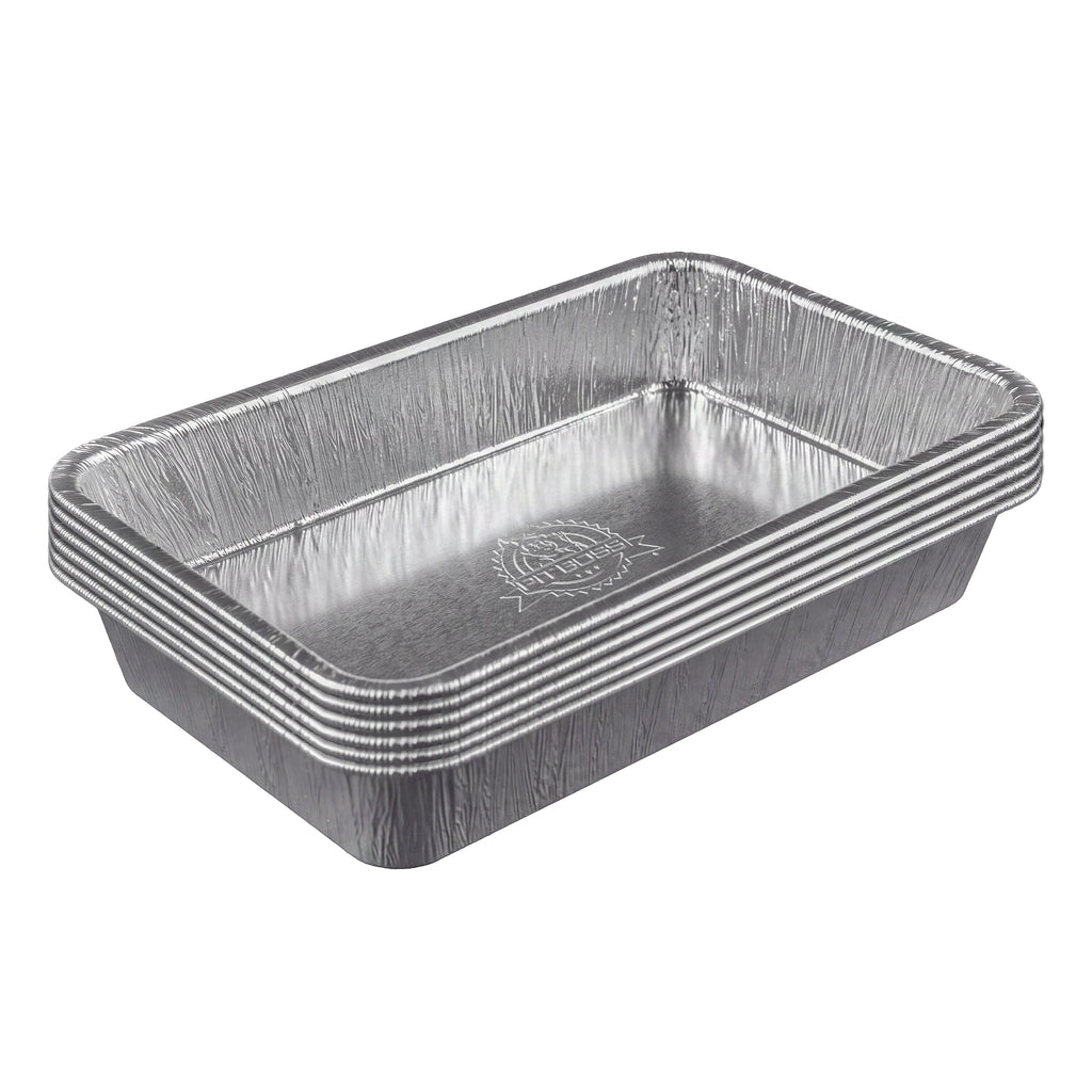 Stacked rectangular aluminum foil pans, silver, with crimped edges. Ideal for baking, roasting, or food storage.