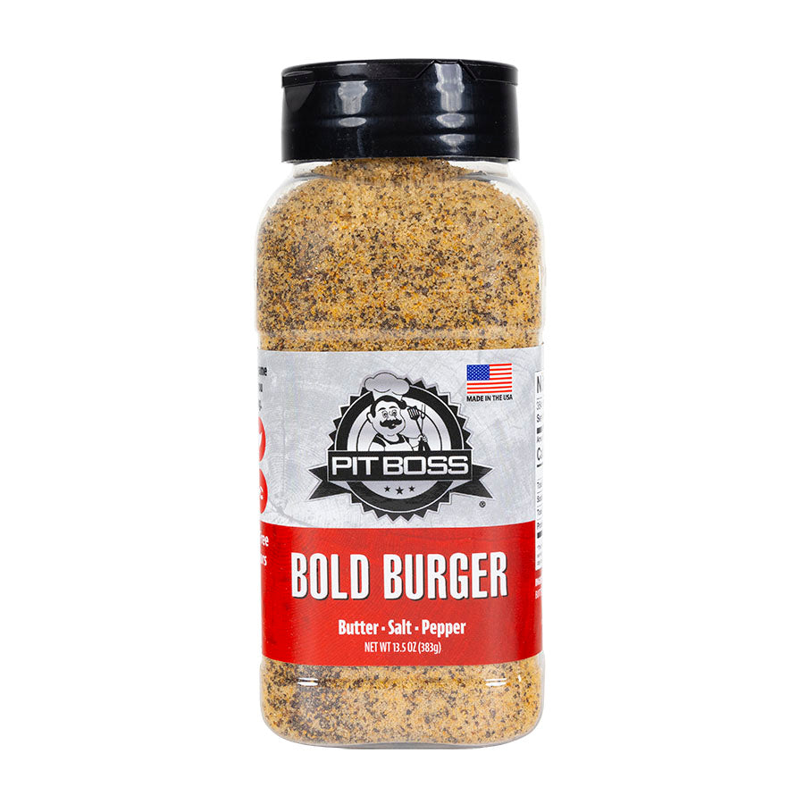 Clear glass jar of Pit Boss Bold Burger seasoning, 13.5 oz.