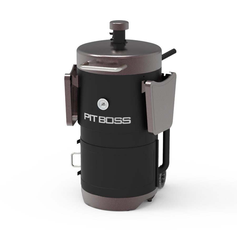 Black Pit Boss portable charcoal grill with folding side tables.
