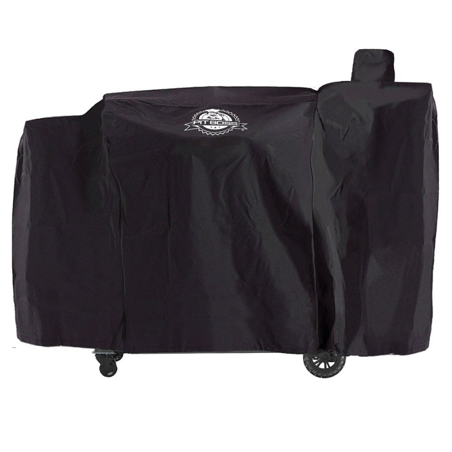 Black Pit Boss grill cover with wheels and logo.