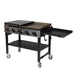 Black outdoor cooking station with four burners, flat griddle, and storage shelf.