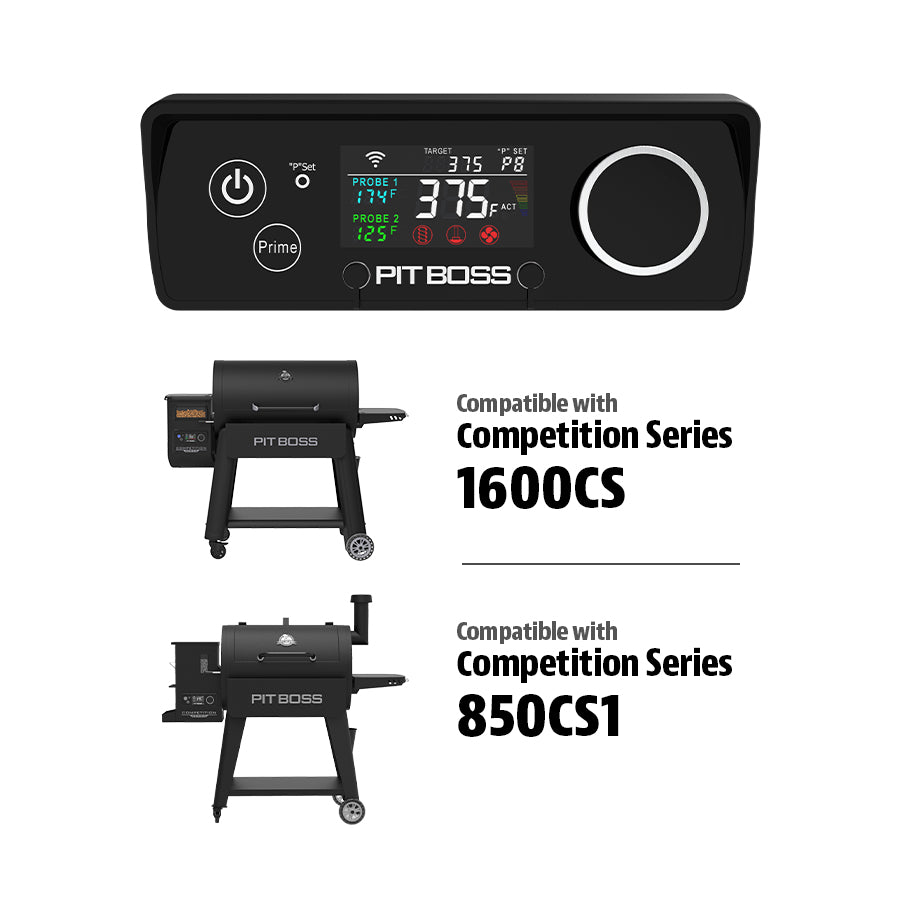 Black Pit Boss smart grill control panel with digital display, compatible with Competition Series 1600CS and 850CS1 grills.