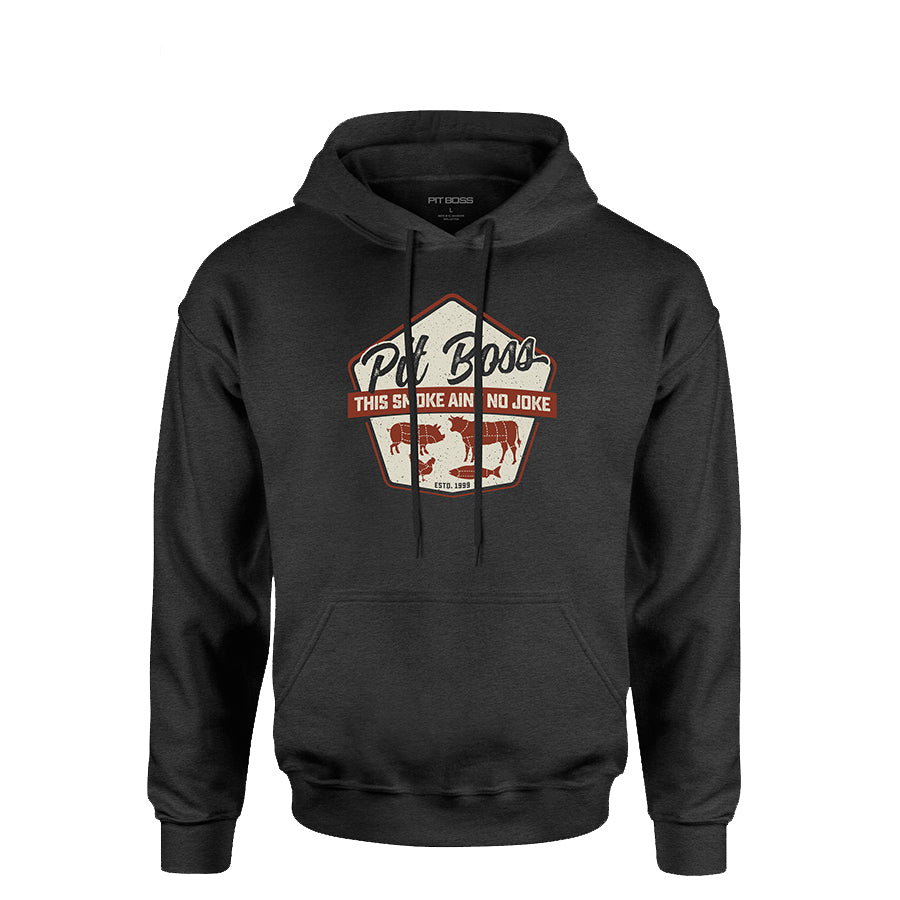 Black Pit Boss hoodie with "This Smoke Ain't No Joke" design.