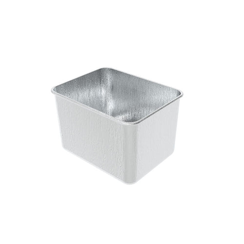 Silver rectangular aluminum foil container.